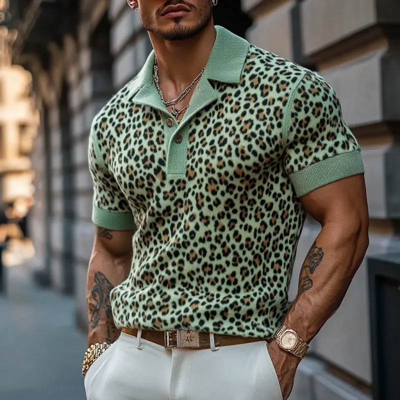 Men's Fashion Leopard Print Knitted Short-sleeved Polo Shirt MTA0754F7Y sold by Manly product image thumbnail 3