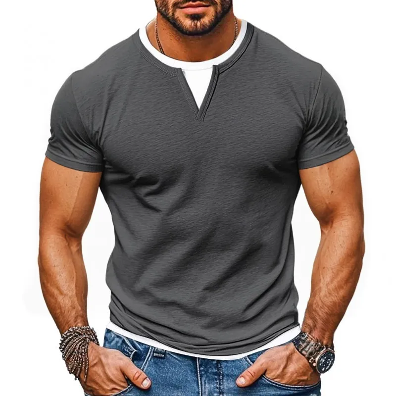 Men's Casual Color Matching Fake Two-Piece Double-Layer V-Neck Short-Sleeved T-Shirt MTA0796F7Y sold by Manly