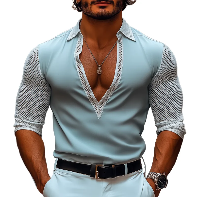 Men's Colorblock Mesh Stitching Lapel Long Sleeve Casual T-shirt MTA0799F0Z sold by Manly