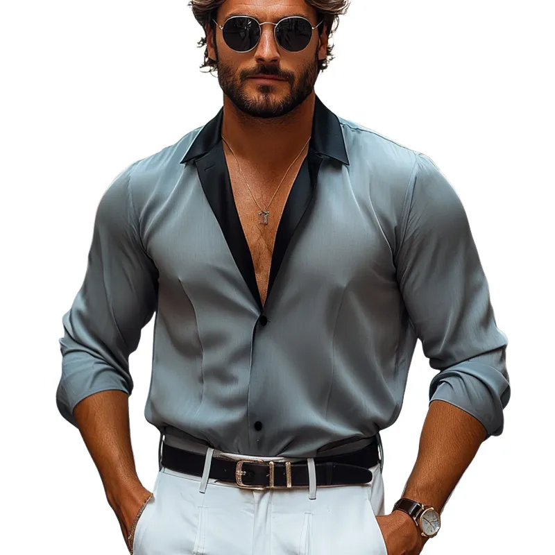 Men's Colorblock Lapel Long Sleeve Casual Shirt MTA0709F7Z sold by Manly