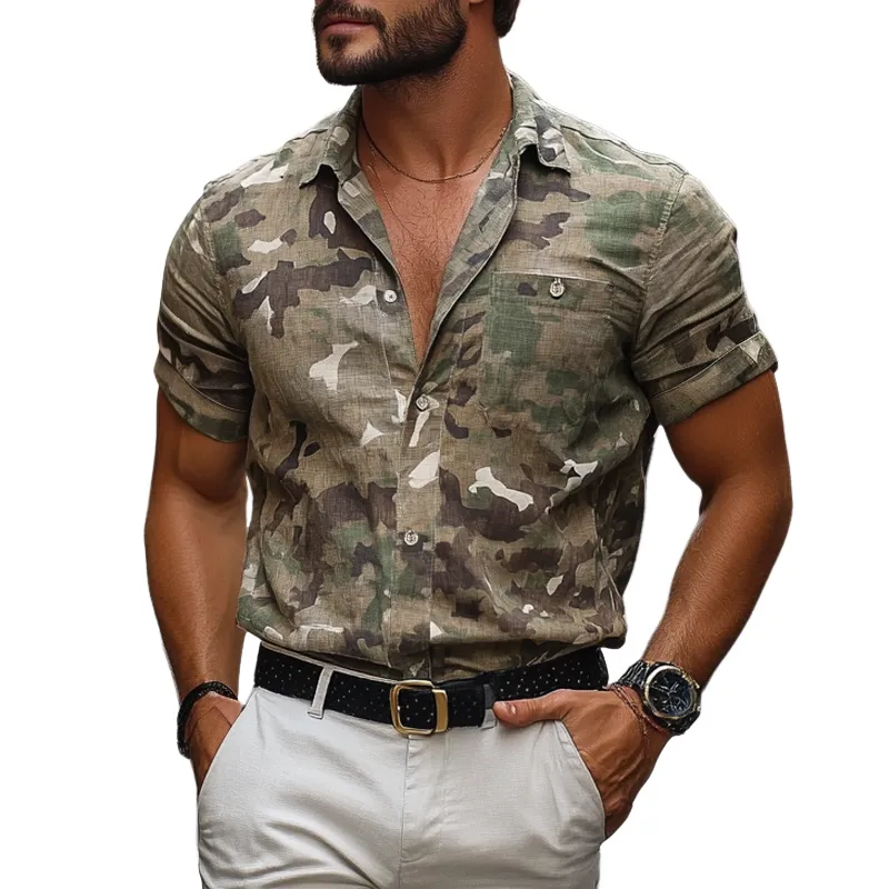 Men's Camouflage Print Lapel Short Sleeve Casual Shirt MTA0740F1Z sold by Manly