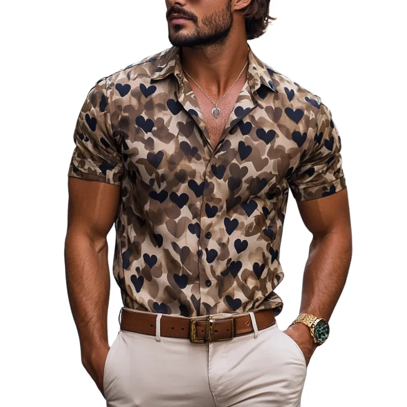 Men's Camouflage Heart Print Lapel Short Sleeve Casual Shirt MTA0782F9Z sold by Manly