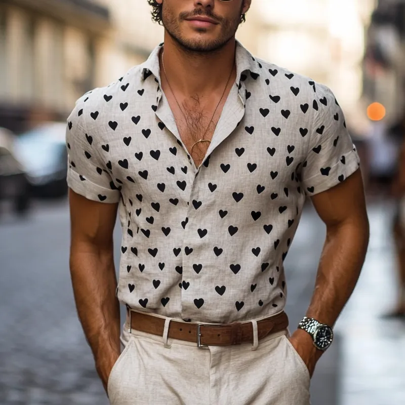 Men's Heart Print Lapel Short Sleeve Casual Shirt MTA0780F3Z sold by Manly product image thumbnail 2
