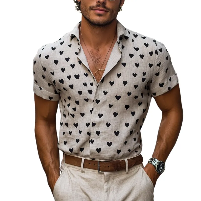 Men's Heart Print Lapel Short Sleeve Casual Shirt MTA0780F3Z sold by Manly
