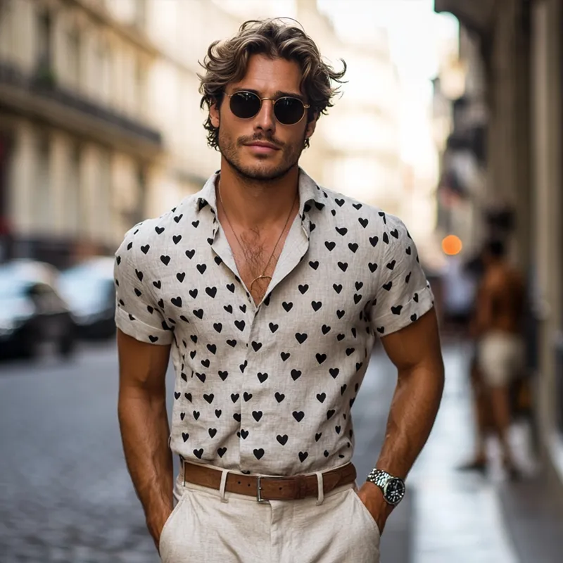 Men's Heart Print Lapel Short Sleeve Casual Shirt MTA0780F3Z sold by Manly product image thumbnail 3