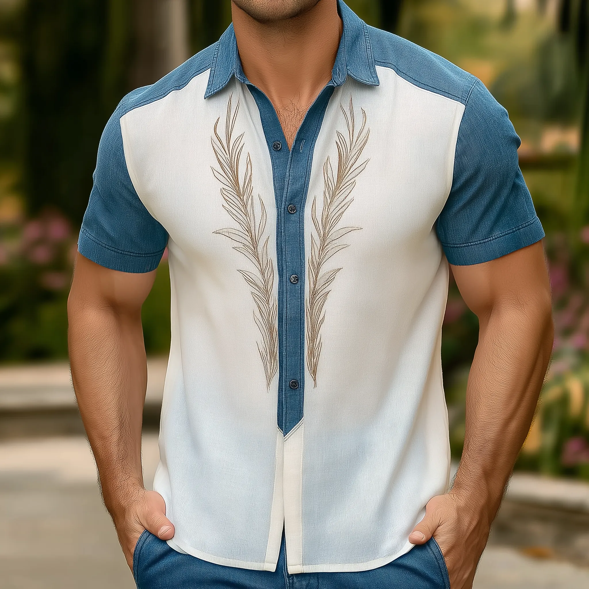 Men's Summer Fashion Patchwork Knitted Embroidery Short Sleeve Shirt MTA0686F3P sold by Manly product image thumbnail 2