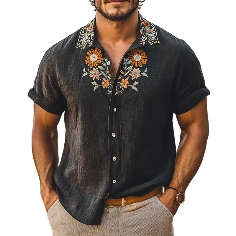 Men's Vintage Floral Embroidery Short Sleeve Lapel Shirt MTA0923F0X sold by Manly