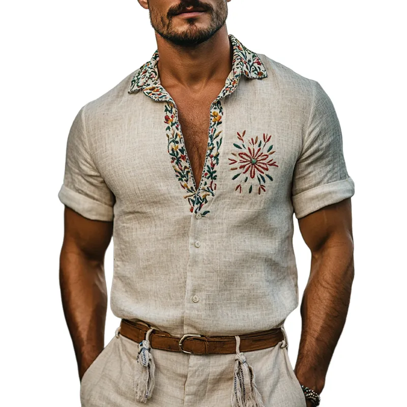 Men's Vintage Embroidered Lapel Short Sleeve Shirt MTA0991F4X sold by Manly
