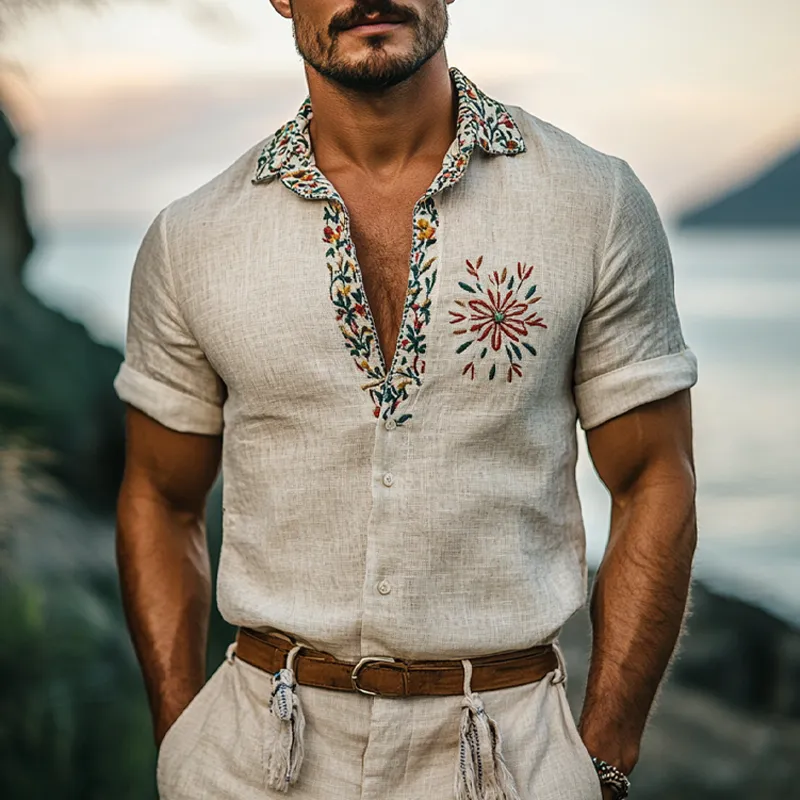 Men's Vintage Embroidered Lapel Short Sleeve Shirt MTA0991F4X sold by Manly product image thumbnail 3