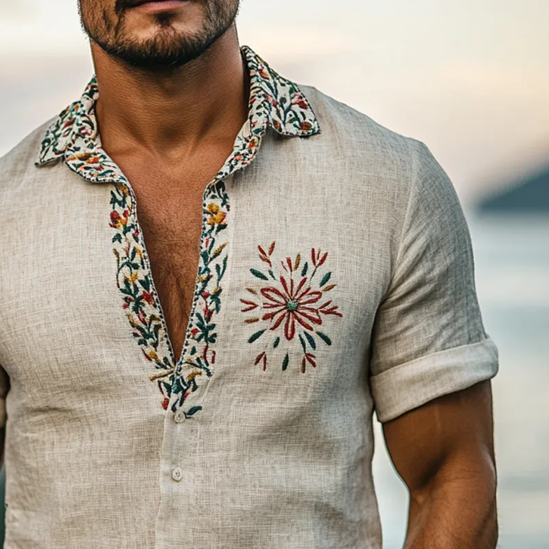 Men's Vintage Embroidered Lapel Short Sleeve Shirt MTA0991F4X sold by Manly product image thumbnail 2