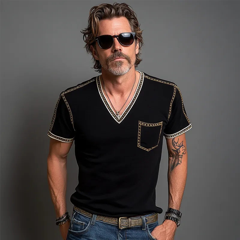 Men's Casual Contrast Color V-Neck Cotton Blended Short Sleeve T-Shirt MTA0912F3X sold by Manly product image thumbnail 4