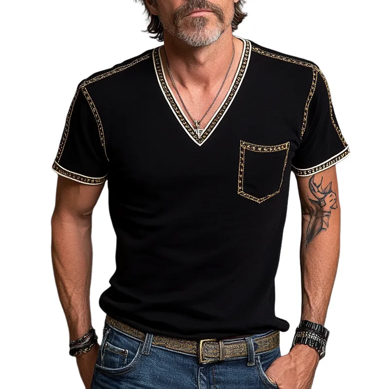 Men's Casual Contrast Color V-Neck Cotton Blended Short Sleeve T-Shirt MTA0912F3X sold by Manly
