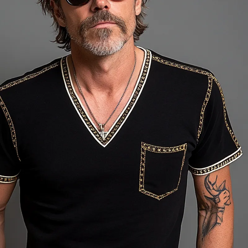 Men's Casual Contrast Color V-Neck Cotton Blended Short Sleeve T-Shirt MTA0912F3X sold by Manly product image thumbnail 3