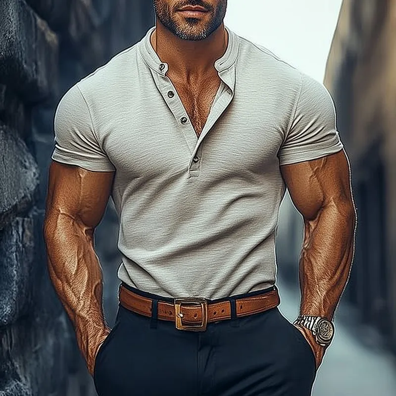 Men's Cotton Blend Short Sleeve Henley T-Shirt MTA0996F1X sold by Manly product image thumbnail 3