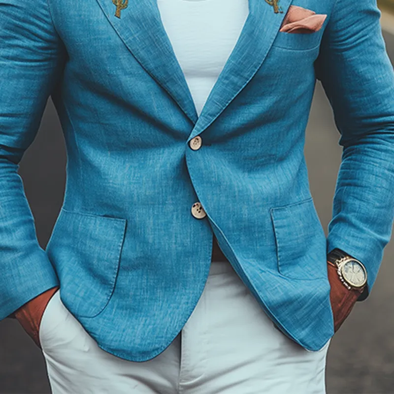 Men's Spring And Summer Casual American Western Tough Style Cactus Embroidered Blue Cotton And Linen Single-breasted Blazer MTA0991F2K sold by Manly product image thumbnail 5