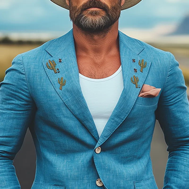 Men's Spring And Summer Casual American Western Tough Style Cactus Embroidered Blue Cotton And Linen Single-breasted Blazer MTA0991F2K sold by Manly product image thumbnail 4