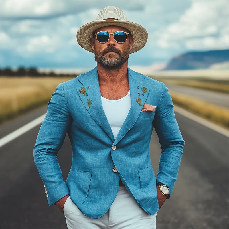 Men's Spring And Summer Casual American Western Tough Style Cactus Embroidered Blue Cotton And Linen Single-breasted Blazer MTA0991F2K sold by Manly product image thumbnail 3