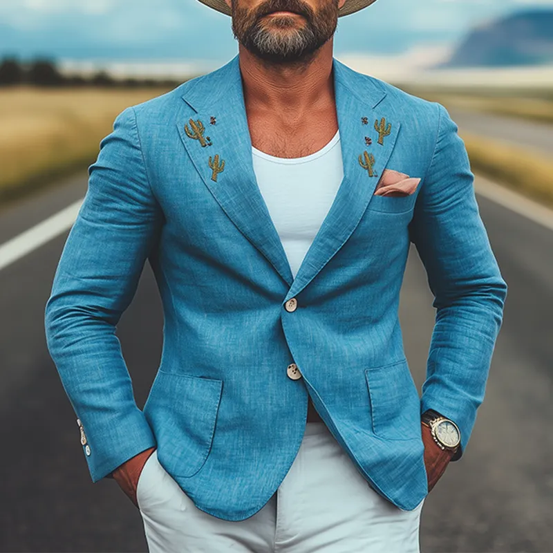 Men's Spring And Summer Casual American Western Tough Style Cactus Embroidered Blue Cotton And Linen Single-breasted Blazer MTA0991F2K sold by Manly product image thumbnail 2