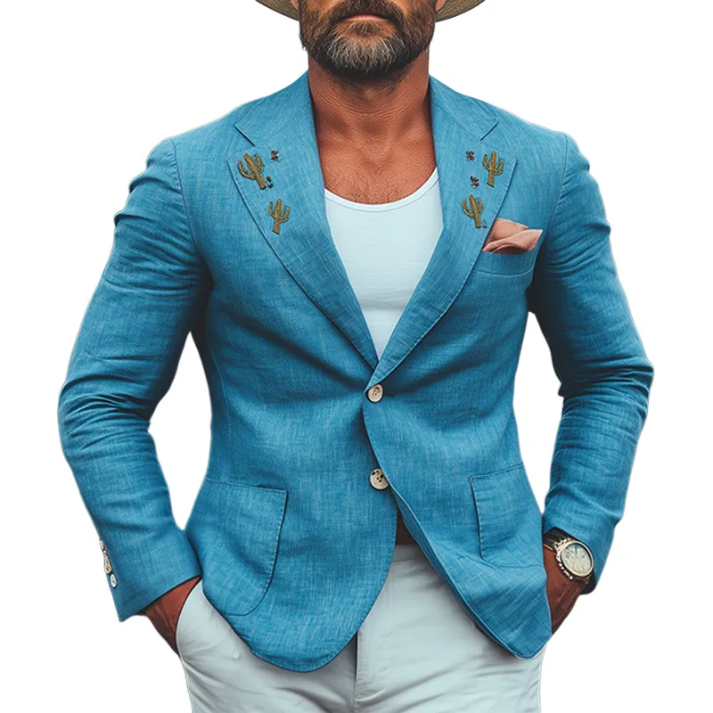 Men's Spring And Summer Casual American Western Tough Style Cactus Embroidered Blue Cotton And Linen Single-breasted Blazer MTA0991F2K sold by Manly