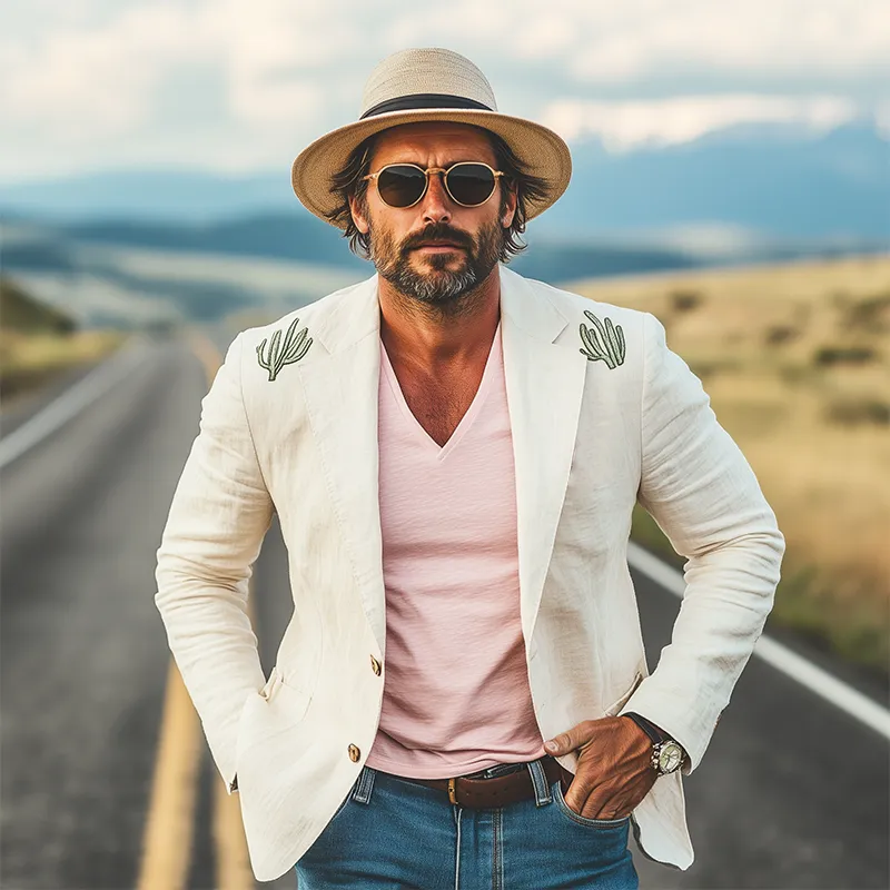 Men's Spring And Summer Casual American Western Tough Style Cactus Embroidered Cotton And Linen Single-breasted Blazer MTA0905F4K sold by Manly product image thumbnail 3