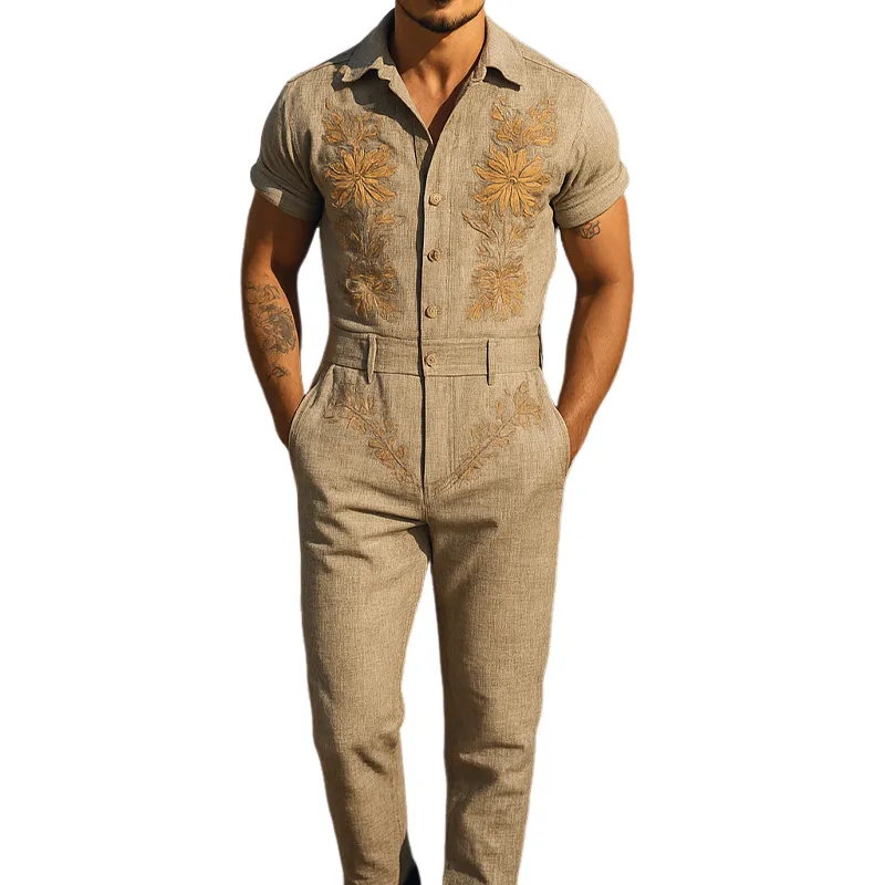 Men's Spring And Summer Fashion Casual American Western Tough Guy Style Embroidered Cotton And Linen Slim Jumpsuit MTA0935F4K sold by Manly