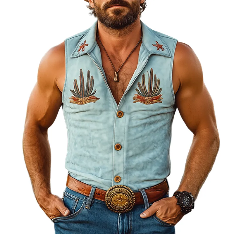 Men's Fashion Casual American Western Tough Guy Style Cactus Embroidery Thin Suede Slim Sleeveless Shirt MTA0988F0K sold by Manly