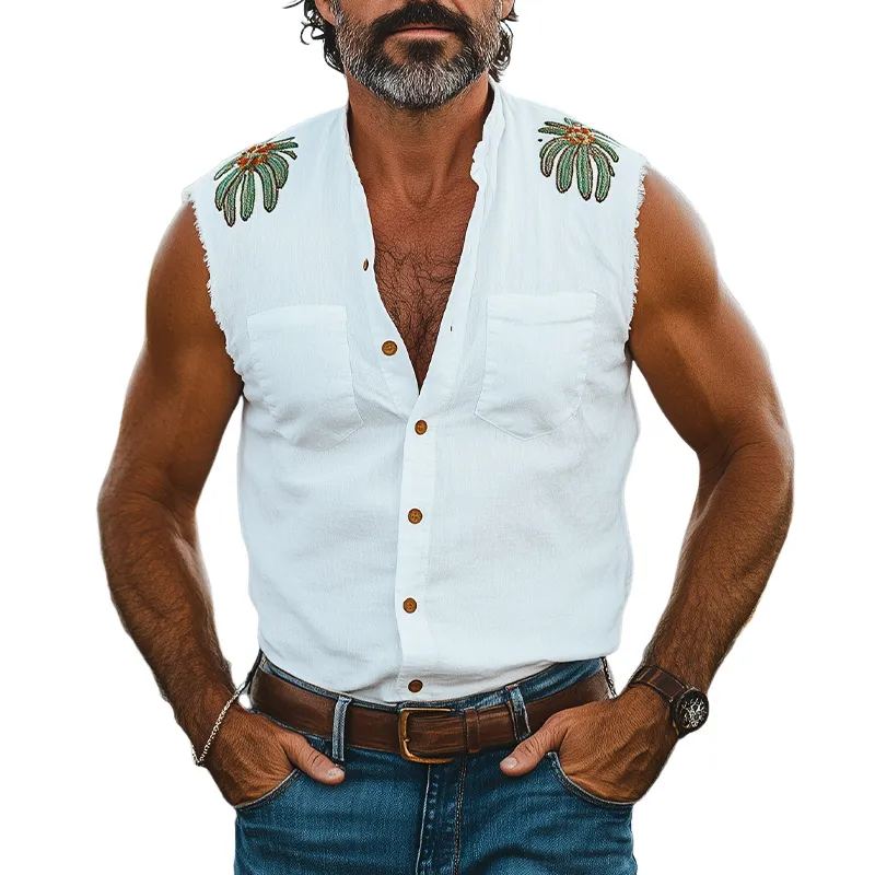Men's Fashion Casual American Western Tough Guy Style Cactus Embroidery Stand Collar Cotton And Linen Sleeveless Shirt MTA0923F7K sold by Manly