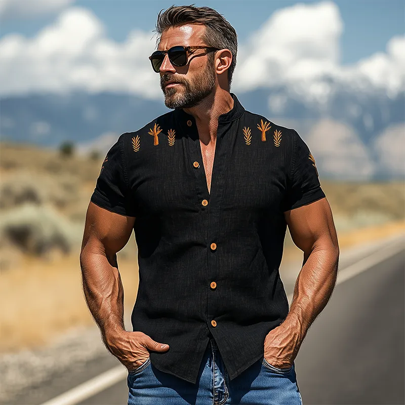 Men's Fashion Casual American Western Tough Guy Style Cactus Embroidered Cotton And Linen Short-sleeved Shirt MTA0916F9K sold by Manly product image thumbnail 3