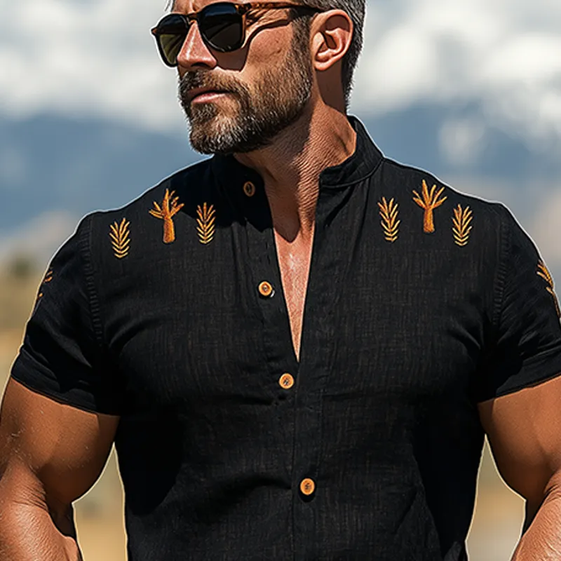 Men's Fashion Casual American Western Tough Guy Style Cactus Embroidered Cotton And Linen Short-sleeved Shirt MTA0916F9K sold by Manly product image thumbnail 4