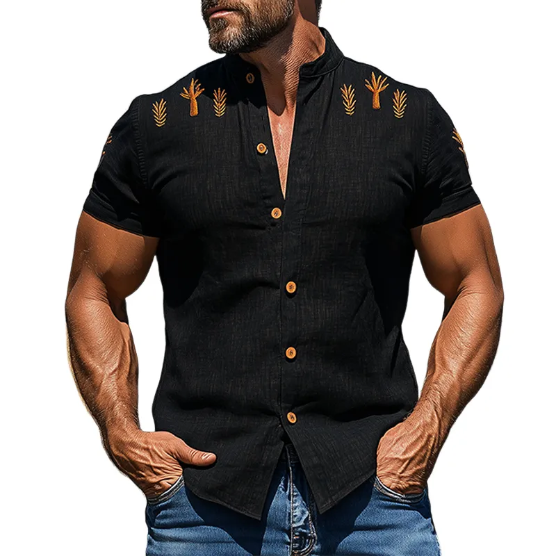 Men's Fashion Casual American Western Tough Guy Style Cactus Embroidered Cotton And Linen Short-sleeved Shirt MTA0916F9K sold by Manly
