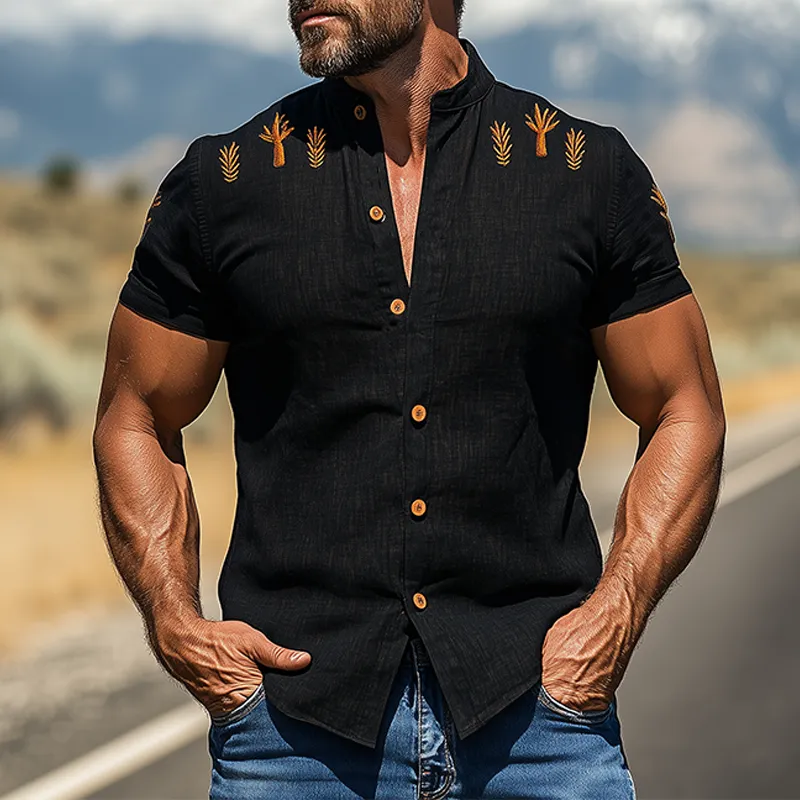 Men's Fashion Casual American Western Tough Guy Style Cactus Embroidered Cotton And Linen Short-sleeved Shirt MTA0916F9K sold by Manly product image thumbnail 2