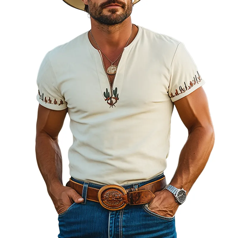 Men's Fashion Casual American Western Tough Guy Style Cactus Embroidery V-neck Thin Suede Slim Short-sleeved T-shirt  MTA0958F8K sold by Manly