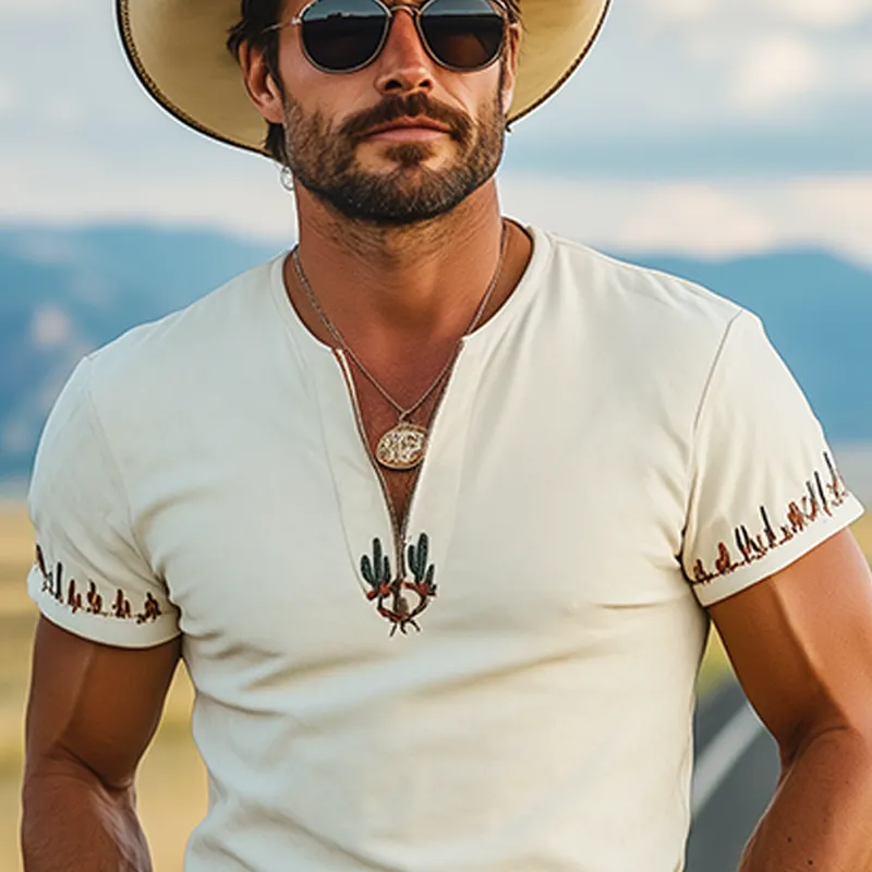 Men's Fashion Casual American Western Tough Guy Style Cactus Embroidery V-neck Thin Suede Slim Short-sleeved T-shirt MTA0958F8K sold by Manly product image thumbnail 4