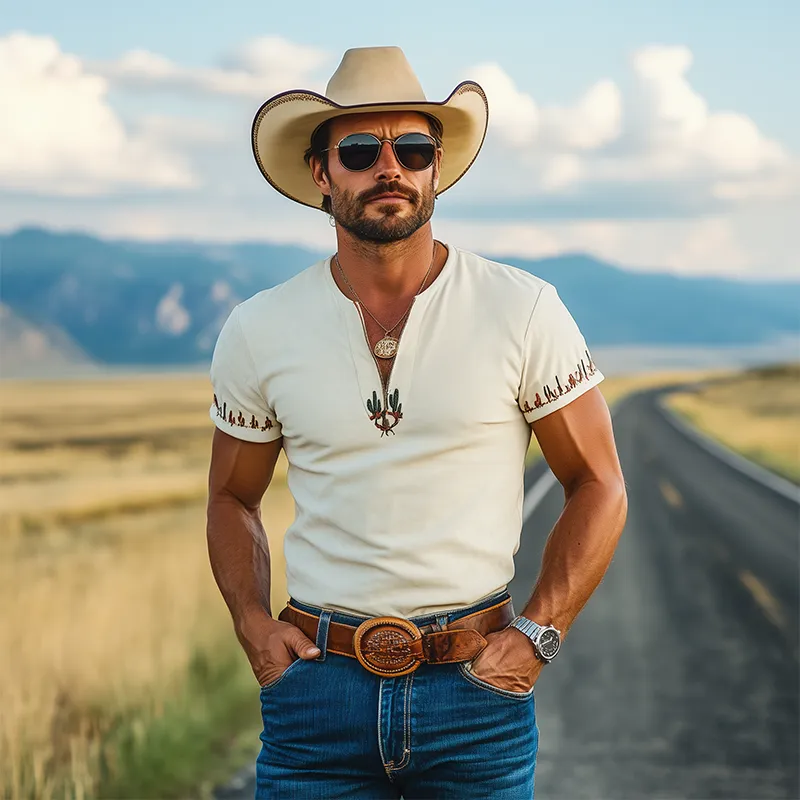 Men's Fashion Casual American Western Tough Guy Style Cactus Embroidery V-neck Thin Suede Slim Short-sleeved T-shirt MTA0958F8K sold by Manly product image thumbnail 3