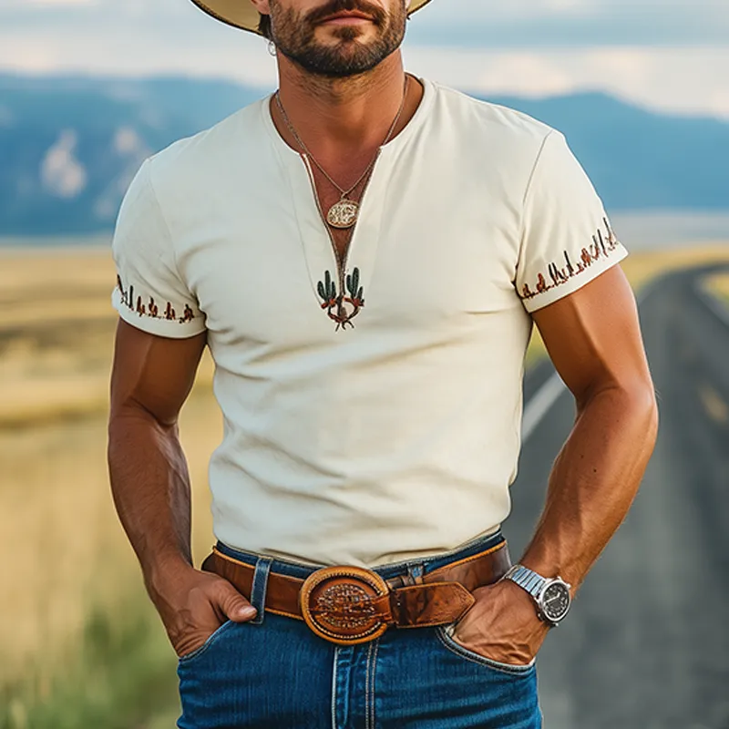 Men's Fashion Casual American Western Tough Guy Style Cactus Embroidery V-neck Thin Suede Slim Short-sleeved T-shirt MTA0958F8K sold by Manly product image thumbnail 2