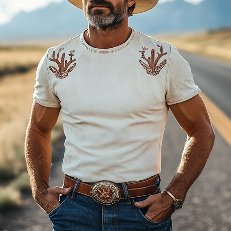 Men's Fashion Casual American Western Tough Guy Style Cactus Embroidery Round Neck Thin Suede Slim Short-sleeved T-shirt MTA0973F2K sold by Manly product image thumbnail 2