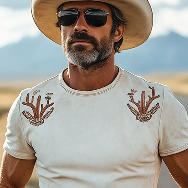 Men's Fashion Casual American Western Tough Guy Style Cactus Embroidery Round Neck Thin Suede Slim Short-sleeved T-shirt MTA0973F2K sold by Manly product image thumbnail 4