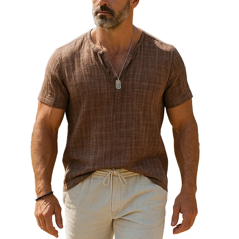 Men's Summer Fashion Linen Short Sleeve V-Neck Shirt MTA0990F8P sold by Manly