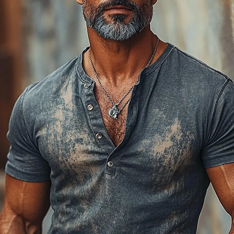 Men's Vintage Distressed Printed Short Sleeve Henley T-Shirt MTA0974F9X sold by Manly product image thumbnail 3