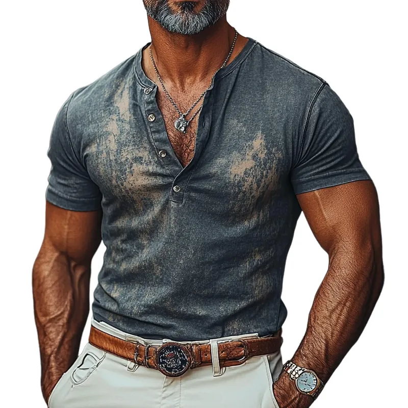 Men's Vintage Distressed Printed Short Sleeve Henley T-Shirt MTA0974F9X sold by Manly