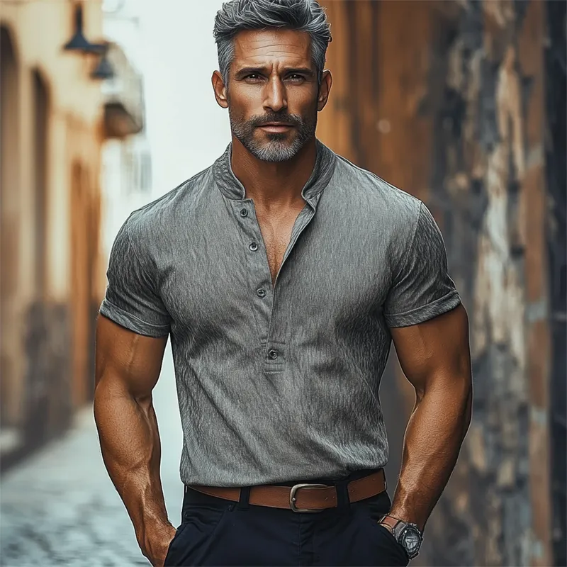 Men's Casual Cotton Blend Stand Collar Short-sleeved T-shirt MTA0997F4X sold by Manly product image thumbnail 4