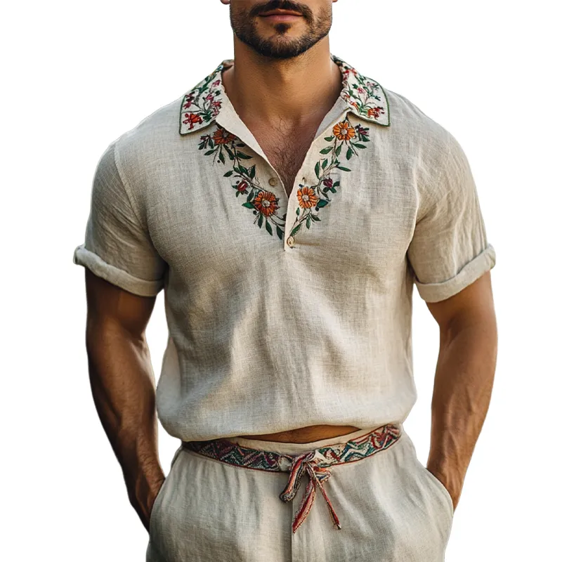 Men's Cotton And Linen Retro Collar Embroidered Short-Sleeved Shirt MTA0932F4X sold by Manly