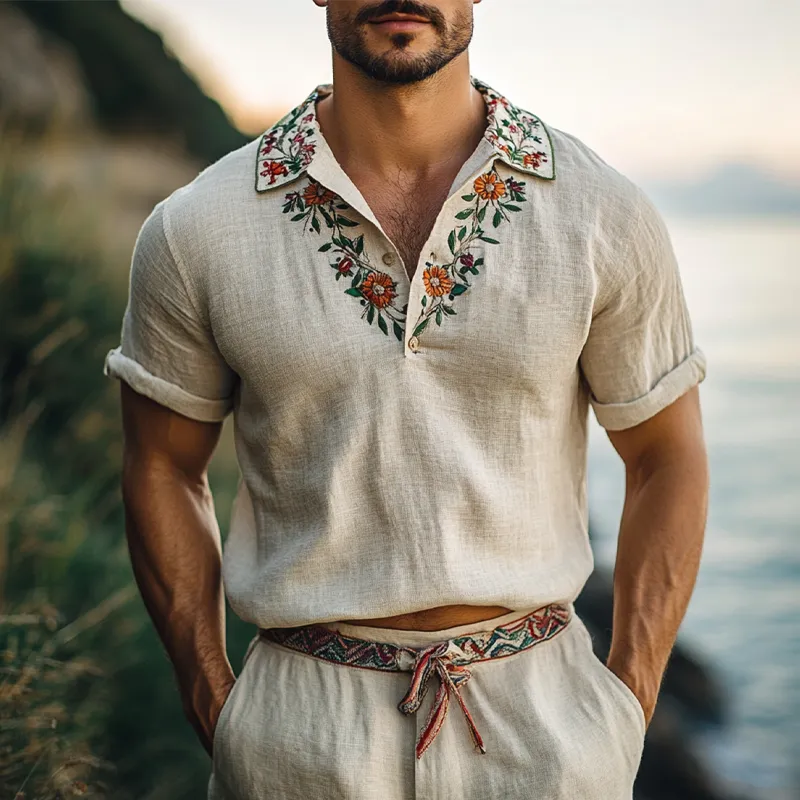 Men's Cotton And Linen Retro Collar Embroidered Short-Sleeved Shirt MTA0932F4X sold by Manly product image thumbnail 4