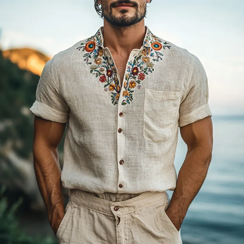 Men's Retro Stand Collar Embroidered Cotton And Linen Short Sleeve Shirt MTA0930F3X sold by Manly product image thumbnail 3