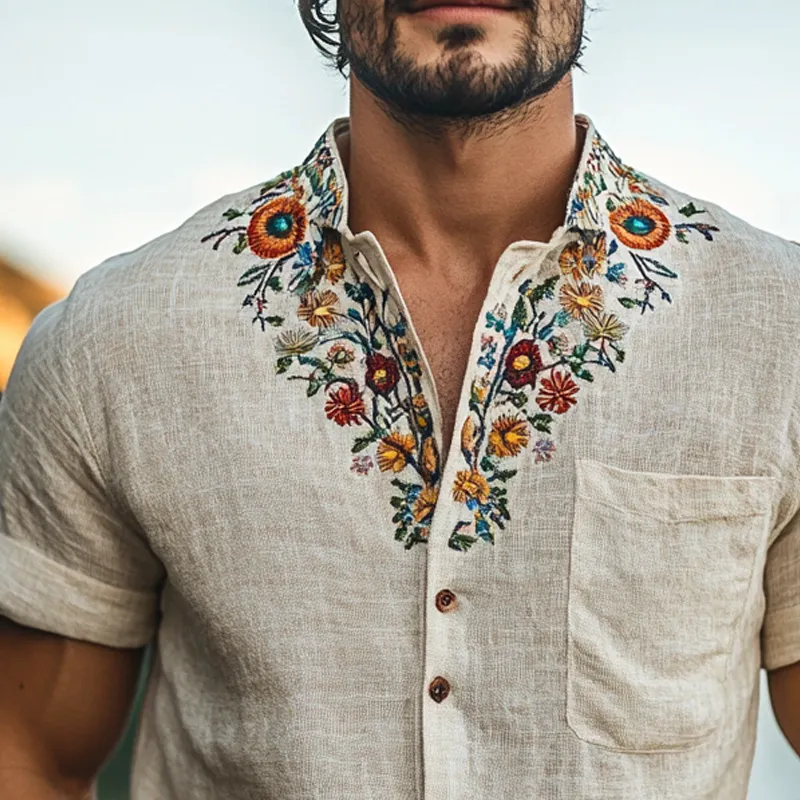 Men's Retro Stand Collar Embroidered Cotton And Linen Short Sleeve Shirt MTA0930F3X sold by Manly product image thumbnail 2