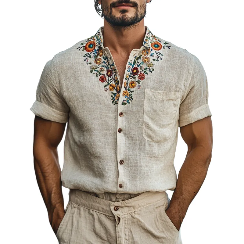 Men's Retro Stand Collar Embroidered Cotton And Linen Short Sleeve Shirt MTA0930F3X sold by Manly