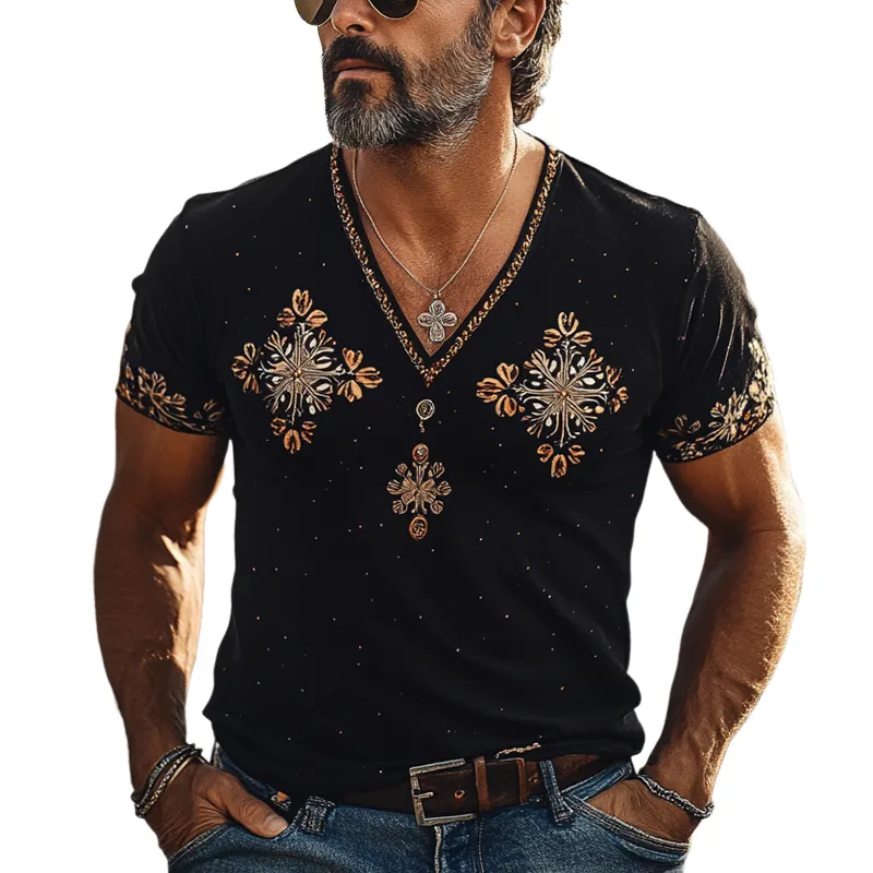 Men's Retro Print V-Neck Blended Short Sleeve T-Shirt MTA0962F9X sold by Manly