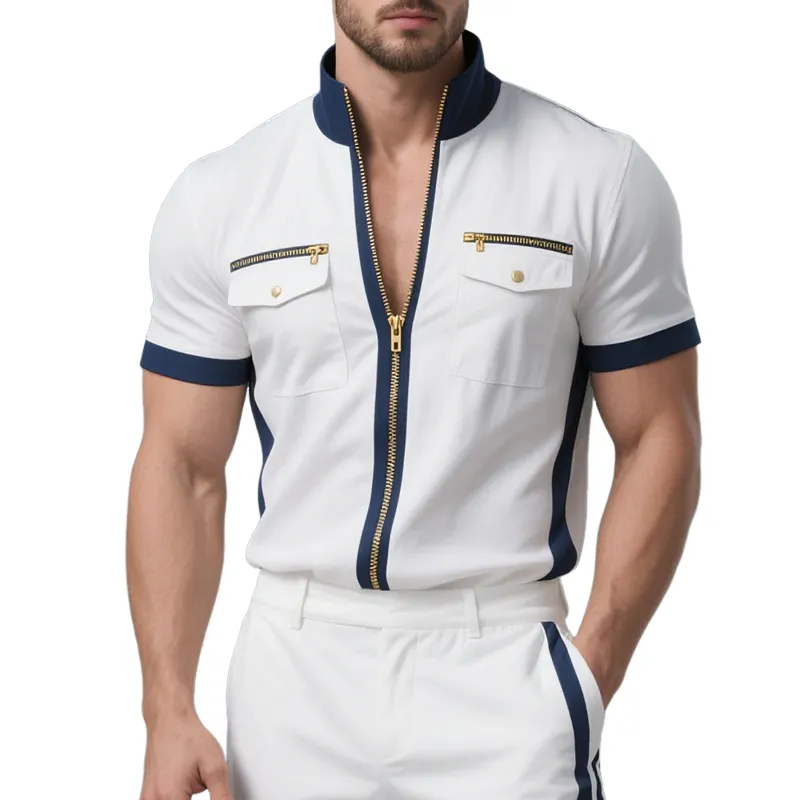 Men's Colorblock Stand Collar Short Sleeve Zipper Shirt MTA0913F5Z sold by Manly