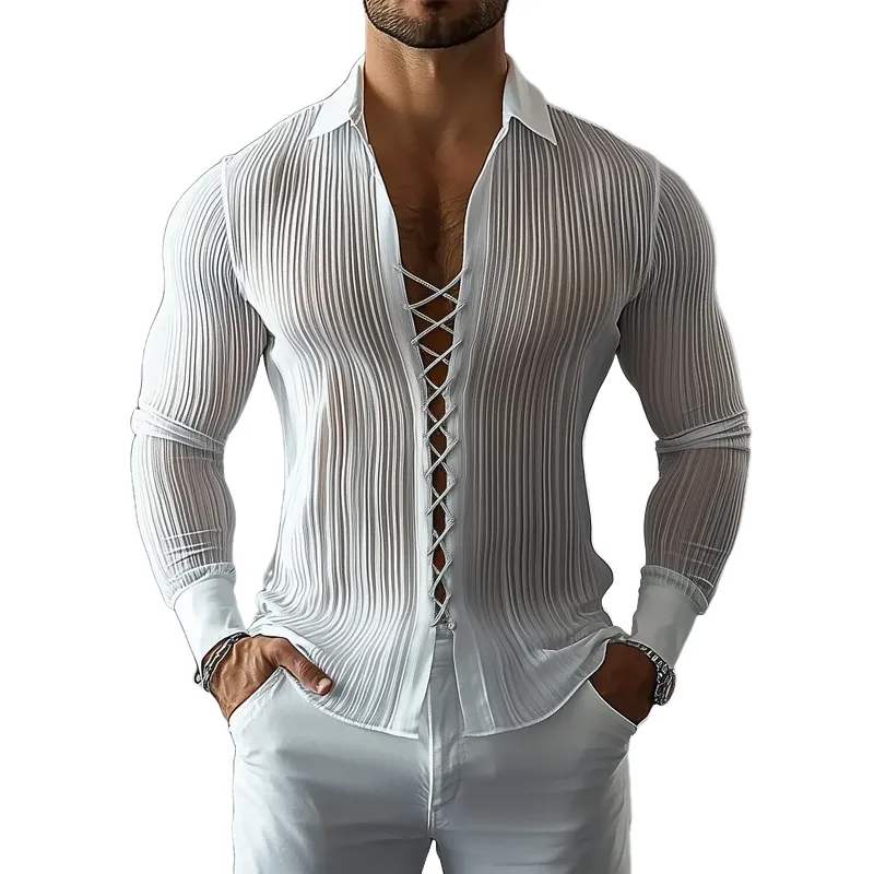 Men's Solid Color Pleated Lapel Lace-up Placket Long Sleeve Shirt MTA0954F1Z sold by Manly