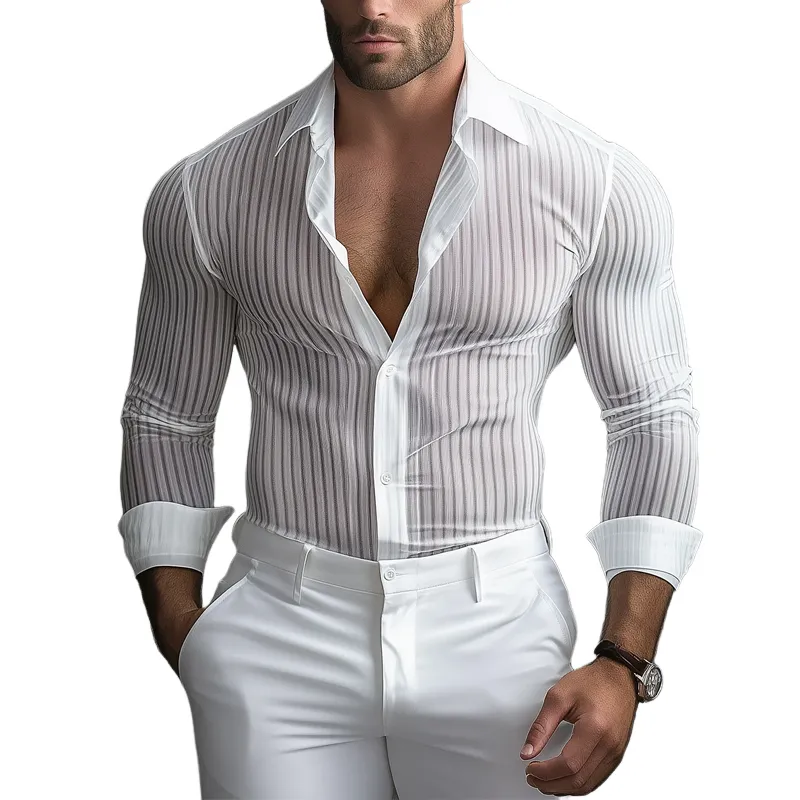 Men's Solid Color Semi-transparent Striped Lapel Long Sleeve Shirt MTA0959F0Z sold by Manly